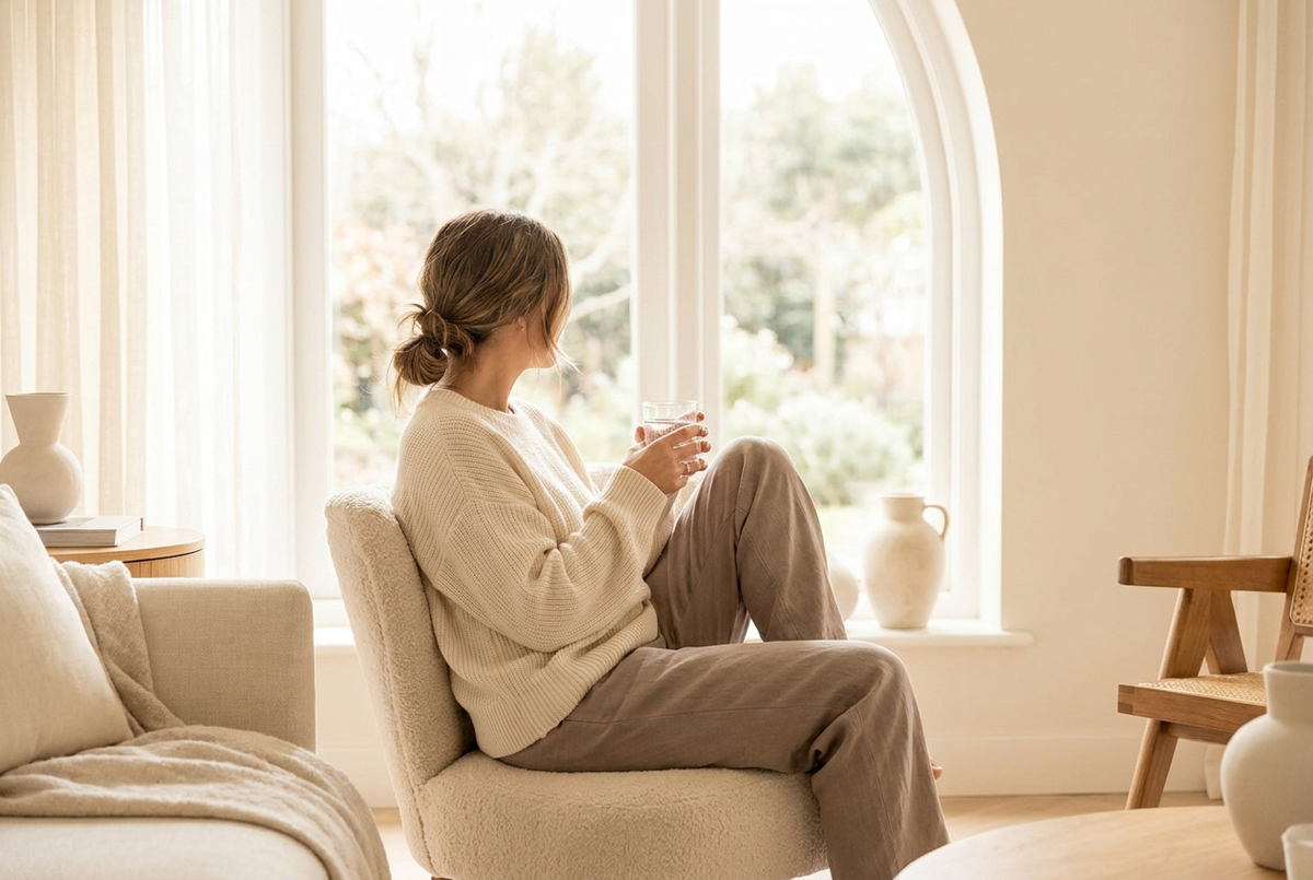 Jonge moeder in neutrale kleding zit rustig bij het raam met een glas water, crème en taupe sfeer