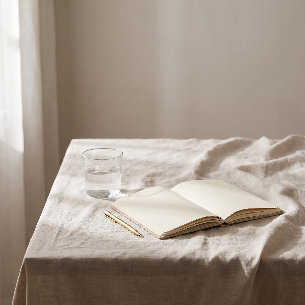 Linnen tafel met een glas water en een open notitieboek in daglicht