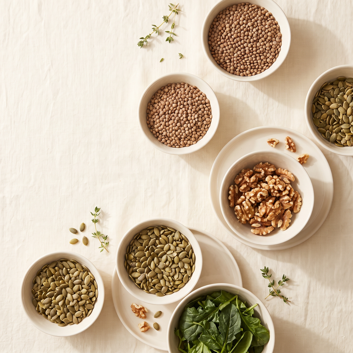 Flatlay met linzen, pompoenpitten, walnoten en verse bladgroenten