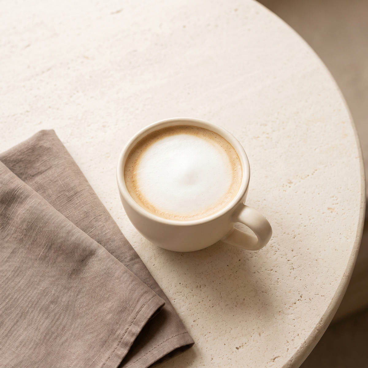 Latte met zachte melkschuim in een crèmekleurige kop, bovenaanzicht