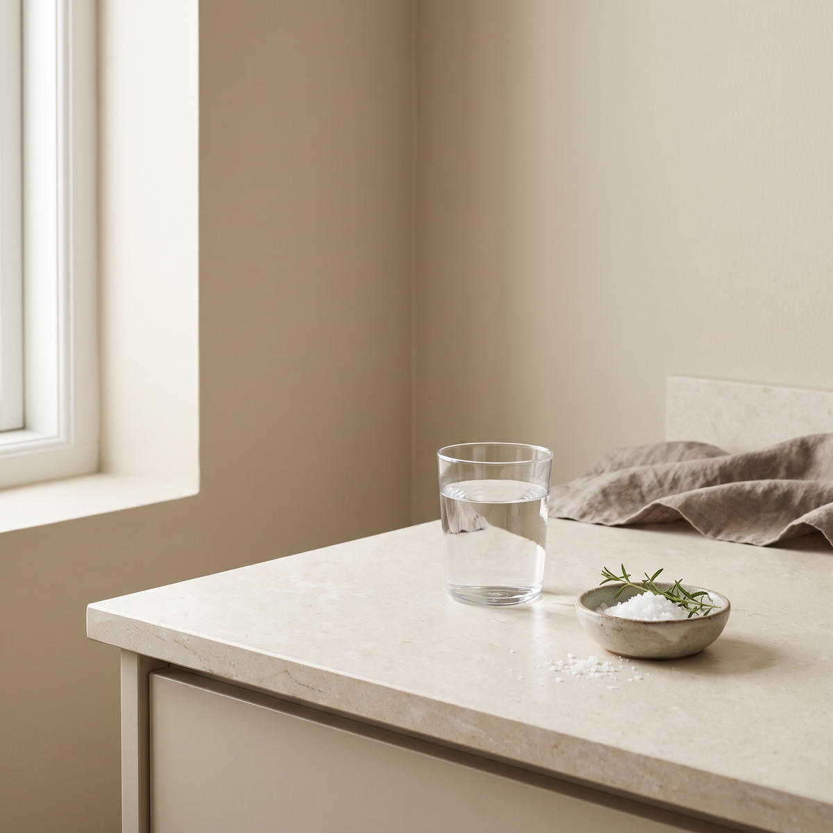 Rustig keukenblad met een glas water, zeezout en verse kruiden